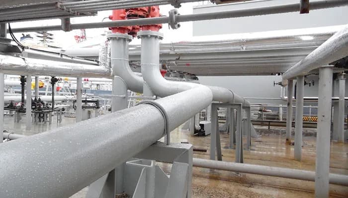 Newly laid pipelines on a tanker deck